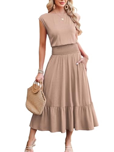 Image of Kikibell Womens Summer Dresses Cap Sleeve Elastic Waist Midi Dress with Pocket Long Causal Sundress Beach Vacation Outfits