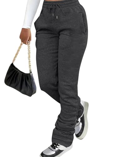 GORGLITTER Womens Stacked Baggy Sweatpants Y2K Drawstring Waist Flared Jogger Pants Solid Grey Small