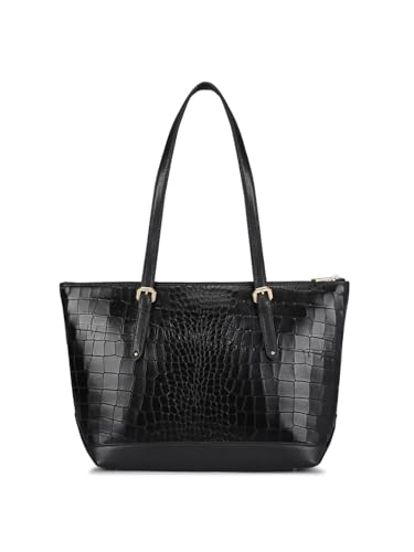 Image of Da Milano Women's Leather Tote Bag - Black | Genuine Leather Large Handbag with Zipper Closure & Multi-Pockets | Dual Texture Utility Tote Bag