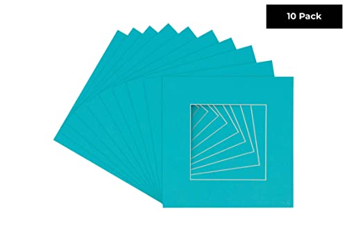CountryArtHouse Aquamarine Blue Acid Free 8x8 Square Picture Frame Mat with White Core Bevel Cut for 4x4 Pictures - Fits 8x8 Frame - Pack of 10 Matboards