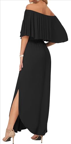 Image of AUSELILY Womens Off Shoulder Ruffle Split Summer Maxi Dresses with Pockets | Off-shoulder Ruffle dress with empire waist & side split for summer beach and casual parties