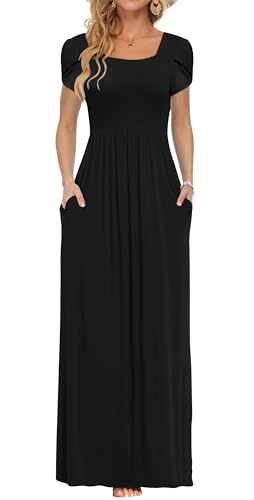 AUSELILY Women's Maxi Dresses with Pockets Petal Short Sleeve Square Neck Casual Long Dress 2025