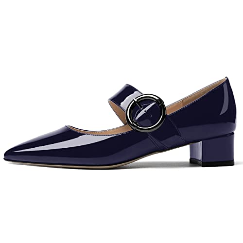 WAYDERNS Women's Patent Pointed Toe Mary Jane Instep Strap Chunky Low Heel Pumps Shoes 1.5 Inch2