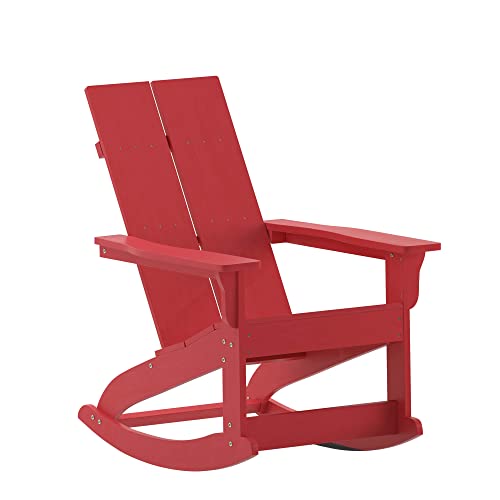 Flash Furniture Finn Modern Commercial Grade Poly Resin Wood Adirondack Rocking Chair - All Weather Red Polystyrene - Dual Slat Back - Stainless Steel Hardware #TOP15