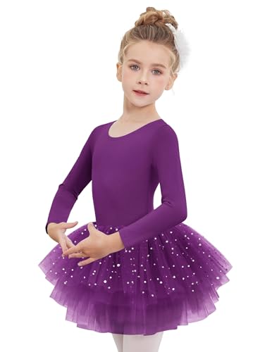 Arshiner Vestido de Tutú de Ballet para Niñas Malla de Manga Larga Traje de Baile de 4 Capas con Falda Brillante Traje de Ballet, Ropa de Baile para Edades de 7 a 8 años