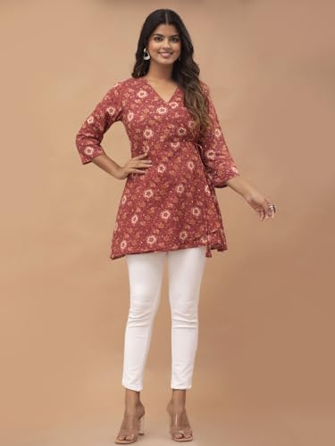 Image of feranoid Floral Print Angrakha 3 Sleeves Flared Kurti