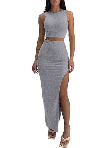 Image of ELLEVEN Sexy 2 Piece Maxi Skirt Sets for Women, Going Out Outfits | High Stretch, Lightweight, Slim Fit, Sleeveless Knit Crop Tank Top, High Slit Skirt Dress Set, Summer Date Night Outfits