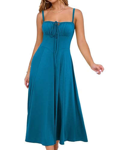 Image of YATHON Women's Summer Midi Corset Boho Dresses Spring Casual Floral Spaghetti Straps Lace Up Dress Flowy Aline Beach Sundress