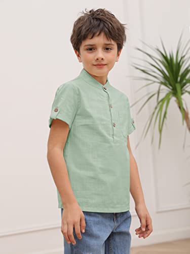 Malliosse Boys Short Sleeve Henley Shirt Button Up Linen Cotton Dress Shirts Tees Tops With One Pocket Green #TOP7