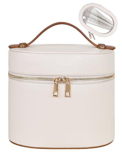 Neceser de maquillaje clásico elegante Prite en piel sintética beige-marrón con funda de PVC