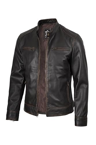 Image of fjackets Mens Leather Jacket - Real Lambskin Cafe Racer Jacket Stand Collar Moto Biker Zip Jacket For Men
