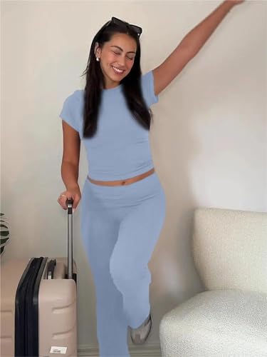 Image of AYWA Women's 2 Piece Lounge Sets Short Sleeve Crop Top Foldover Flare Pants Casual Pajama Outfits
