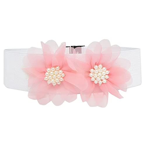 YOU&M Women's Chiffon Double-Flower with Pearl Elastic Corset Waist Belt for Princess Elegant Sweet Dress Plus Size2