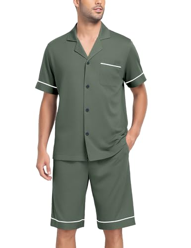 COLORFULLEAF Men's 100% Cotton Sleepwear Set Short Sleeve Loungewear with Pockets and Soft Button Down Summer Pjs