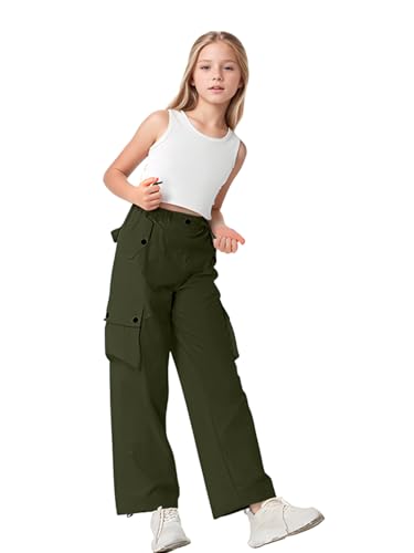 Image of HENGAO Girls Cargo Pants Parachute Casual Jogger Y2K 5-14 Years | Kids Baggy pants Parachute, Drawstring, with Pockets, Elastic High Waist, Loose Trousers Streetwear