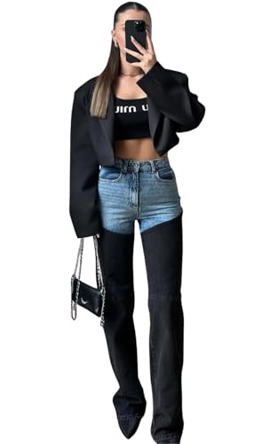 PIRAL Women's Bicolor Chap Jeans – High-Rise Straight Fit, Two-Toned Denim (Blue/Black), 100% Cotton, 33” Inseam