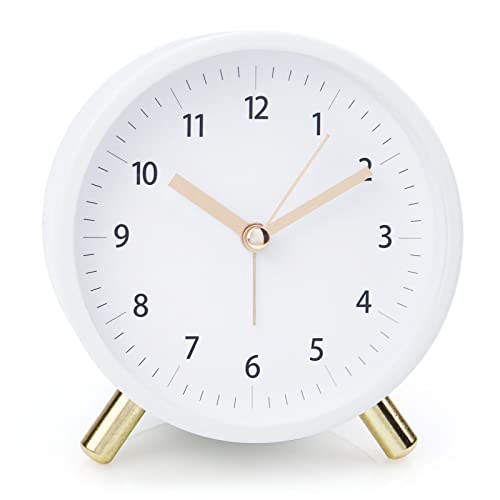 Alarm Clock 4.5″ Bedside Analog Alarm Clock for Bedroom Battery Operated Round Clock with Backlight, White