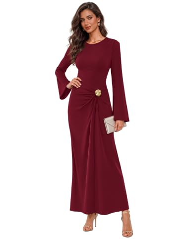 Sipaya Red Maxi Bodycon Dresses for Women Wedding Guest Formal Business Casual Long Sleeve Cocktail Outfits Midi Fall Fashion Winter Clothing Funeral L - image 3