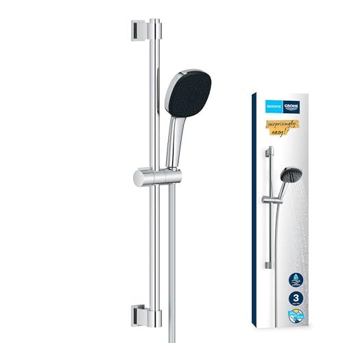 GROHE Vitalio 110 Duschset wassersparend 8l pro Min (Brausestangenset mit: Duschkopf 3 Strahlarten 1 75m Schlauch Duschstange 60cm zum Kleben oder Bohren ohne Kleber) eckig chrom 26096001