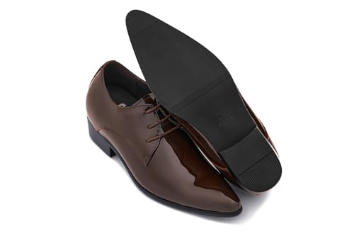 Image of CALTO Men's Invisible Height Increasing Elevator Shoes - Chocolate Brown Patent Leather Lace-up Formal Dress Oxfords - 2.8 Inches Taller - K2727 - Size 8 D(M) US