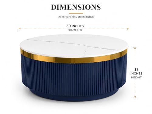 Image of Modern Round Centre Table - 76x76x46 cm | White Marble Top with Gold Accent Strip & Charcoal Louvers | Luxury Coffee & Tea Table for Living Room, Lounge & Entryway (Blue)