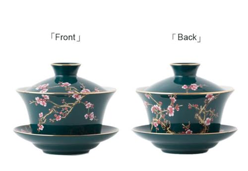 Image of 10oz Large Gaiwan, Ceramic Teacup -Embossed Plum Patterns (Green)
