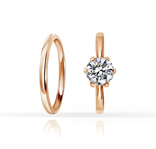 SILVERLINE JEWELRY Stainless Steel 2mm Wedding Band & Solitaire 7mm Round Cut Cubic Zirconia Promise Engagement Ring Set