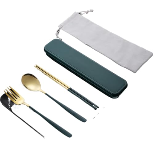 ステンレス韓国風携帯用カトラリーセットスプーンフォーク箸ケース付学生遠足旅行お弁当用 (グリーンゴールド3点セット)
