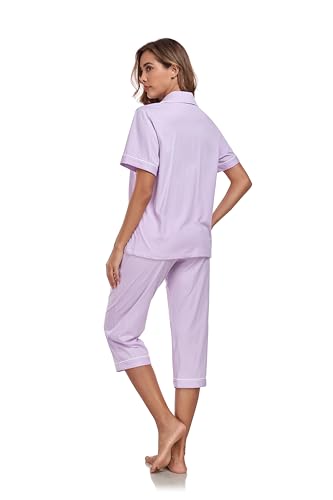 Image of COLORFULLEAF 100% Cotton Capri Pajama for Women Set Summer Short Sleeve Pj Sets for Women Cotton Sleepwear