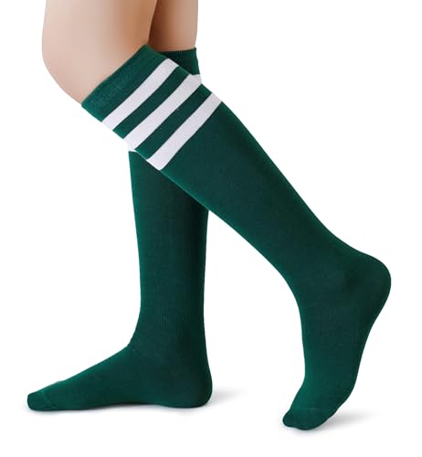 Henwarry Boys Girls Knee High Tube Socks Classical Stripes Cotton Soft Over the Calf Kids Tube Socks (US Age 8 Years 12 Years A13-White/Green)