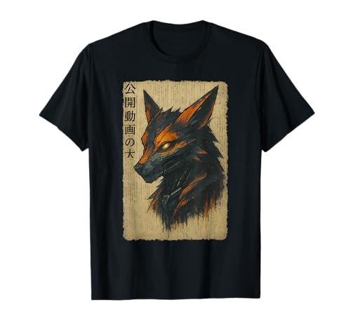 日本のサイバーキツネ アニメ 浮世絵 侍 木版画 Tシャツ