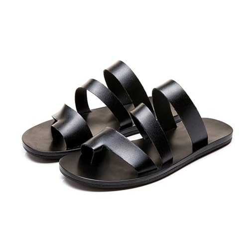 Men's Leather Strappy Toe Loop Flat Sandals,Summer Comfortable Slip-on Non-Slip Beach Flip Flop Outdoor Flat Slippers Fashion Casual Walking Shoes