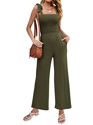 Zesica Women's 2023 Summer Casual Spaghetti Strap Smocked High Waist Wide Leg Jumpsuit Romper,Armygreen,Medium #TOP16