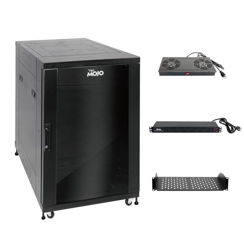 Image of Tecmojo Fully Assembled 18U Network Cabinet AV Rack Black Equipment Rack Enclosure with Casters /Locking Doors with Dual Fan, PDU and Cantilever Shelf Installed (23.6inch DEEP Glass Door)