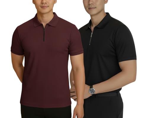 Image of MACK JONNEY Men's Cotton Self Design Polo T-Shirts | Front Half Zipper | Pack of 2 | Multicolour