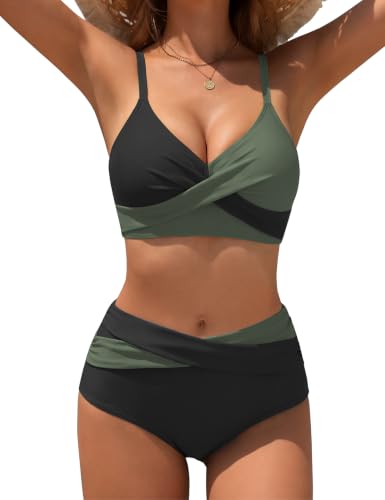 FemiChic Bikini Mujer Cintura Alta Traje de Baño Dos Piezas Reductores Vientre Plano Push Up Bikini Cuello En V Bloqueo de Colores Swimsuit para Playa Piscina(Verde Militar y Negro,XL)