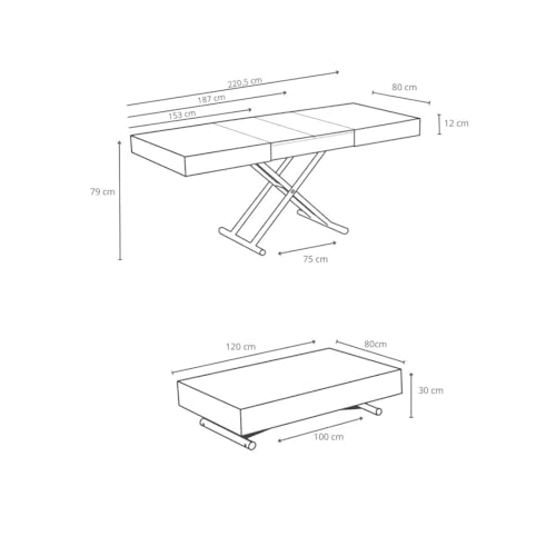 VOLERO' ; Table Lift-top Coffee to Dining Table,Transformable Space-Saving Table, Achille Large Model, Sliding Mechanism with Millimeter Height Adjustment. (White Top, Sandblasted Gray Legs)