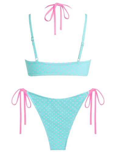 Image of ZAFUL Women's Polka Dot Bikini Set Double Layer Halter Swimsuit Colorblock Side Tie 2 Piece Bathing Suit