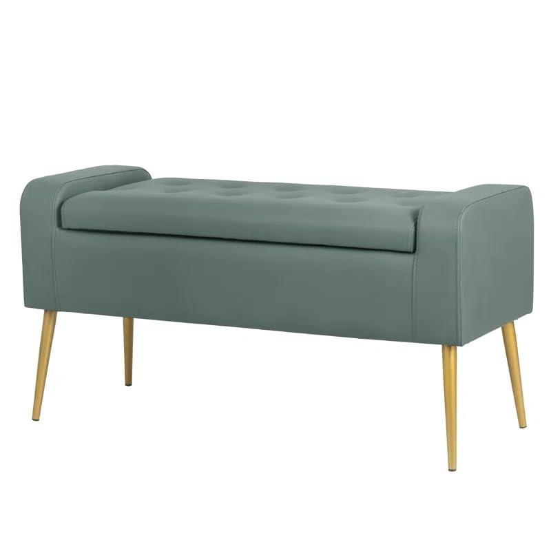 Image of Upholstered Ottoman Bench with Gold Metal Legs for Bedroom & Living Room | 2 Seater Tufted Entryway Bench Sofa with Storage Look | Modern End of Bed Seating Bench, Compact Footrest Stool, Sage Green
