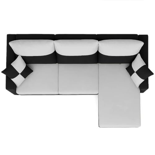 Image of FURNY Arissa 4 Seater Fabric RHS L Shape Sofa Set with Extra Cushions (Light Grey-Black) Premium Velvet Finish| Durable Comfort Ideal for Living Room