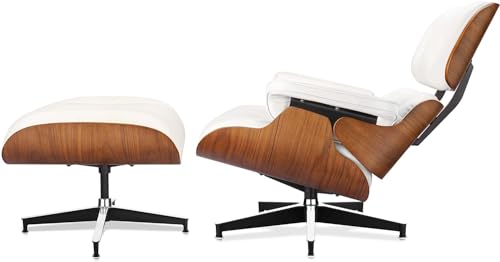 Image of Top White Grain Leather, Mid Century Chaise Lounge Chair and Ottoman, Modern Chair Classic Design, Walnut Wood, Heavy Duty Base Support for Living Room Office