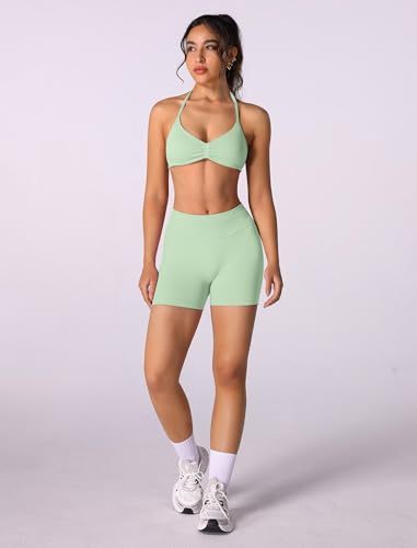 Image of ABOCIW Womens Seamless Workout Sets 2 Piece Strappy Halter Sports Bra Scrunch Butt Shorts Gym Yoga Outfits