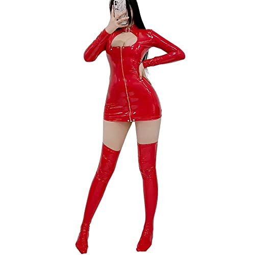 MONEON セクシー 光沢 エナメル ミニスカ ワンピース ストッキング付き 2点セット ボディコン ドレス コスプレ コスチューム レッド 赤 下着 女性 ベビードール ランジェリー レディース 前開き セクシーキャミソール レオタード フルセット かわいい 女性 (3XL(2XL~3XL), レッド)