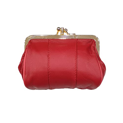 LOLUNA® Porte-Monnaie Femme Cuir Agneau Souple, Fermoir clic-clac modèle Retro, 2 Compartiments spacieux, Couleurs au Choix - Rouge