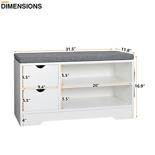 Welfurgeer Shoe Bench With Cushion, Shoe Shelf With 2 Drawers, Shoe Storage Bench Entryway With Storage, Shoe Rack Bench For Entryway, Hallway, White + Gray #TOP2