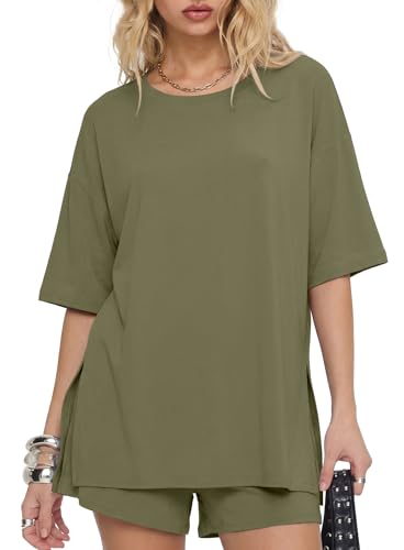 Image of Darong Women's 2 Piece Shorts Set Loungewear | oversized tshirts,crew neck top,drawstring shorts,elastic waist, side pockets,summer travel outfits