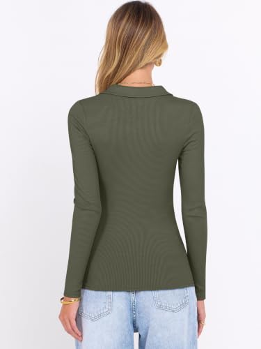 ANRABESS Women Long Sleeve Polo Shirts V Neck Slim Rib Knit Collared Dressy Business Casual Top 2026 Basic Tee Fall Outfits Army Green XL — view 4