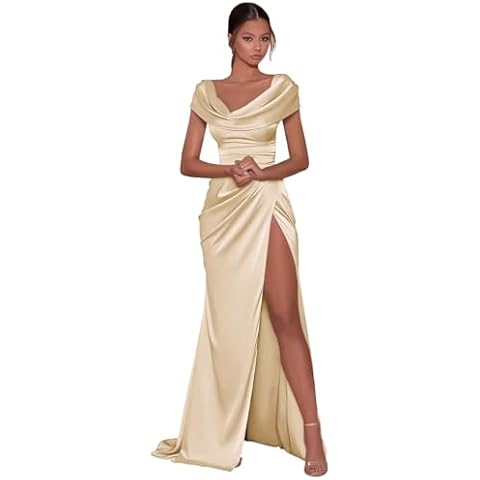 Zymhae Women's A-Line Long Bridesmaid Dresses with Slit 2024 Champagne Floor Length Off The Shoulder Pleated Satin Wedding Guest Dress for Teens US4 Cover
