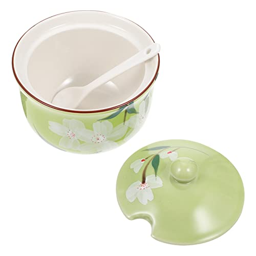 HEMOTON Terrarium Sugar Bowl Porcelain with Lid and Spoon, Ceramic Sugar Storage Jar, Sugar Salt Pot Seasoning Canister Suit for Coffee Bar, Restaurant, Home, Kitchen, Green Food Containers