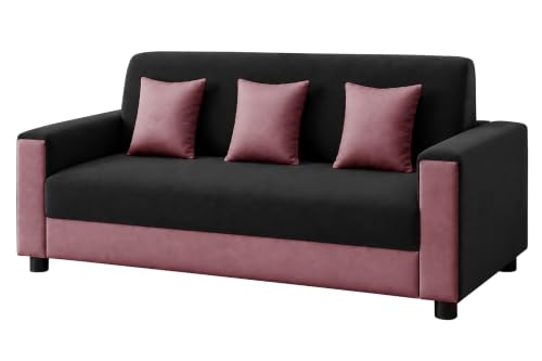 Image of Modern 3 Seater Sofa | Contemporary Upholstered Couch | Premium Cushioned Seating | Stylish Armrest Design | Comfortable Sofa for Living Room, Bedroom & Office - Black + Rose Pink Color